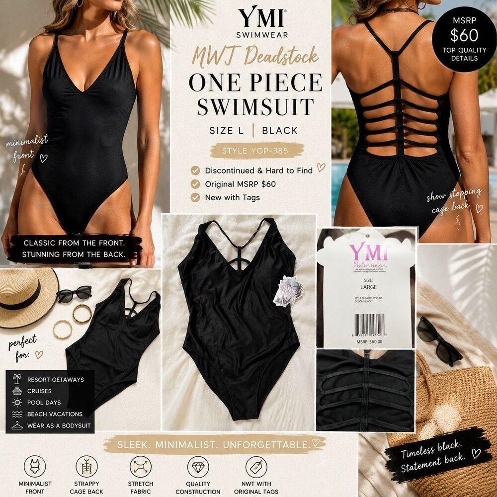 NWT YMI Black One Piece Swimsuit L Cage Strappy Back HTF Discontinued Minimalist